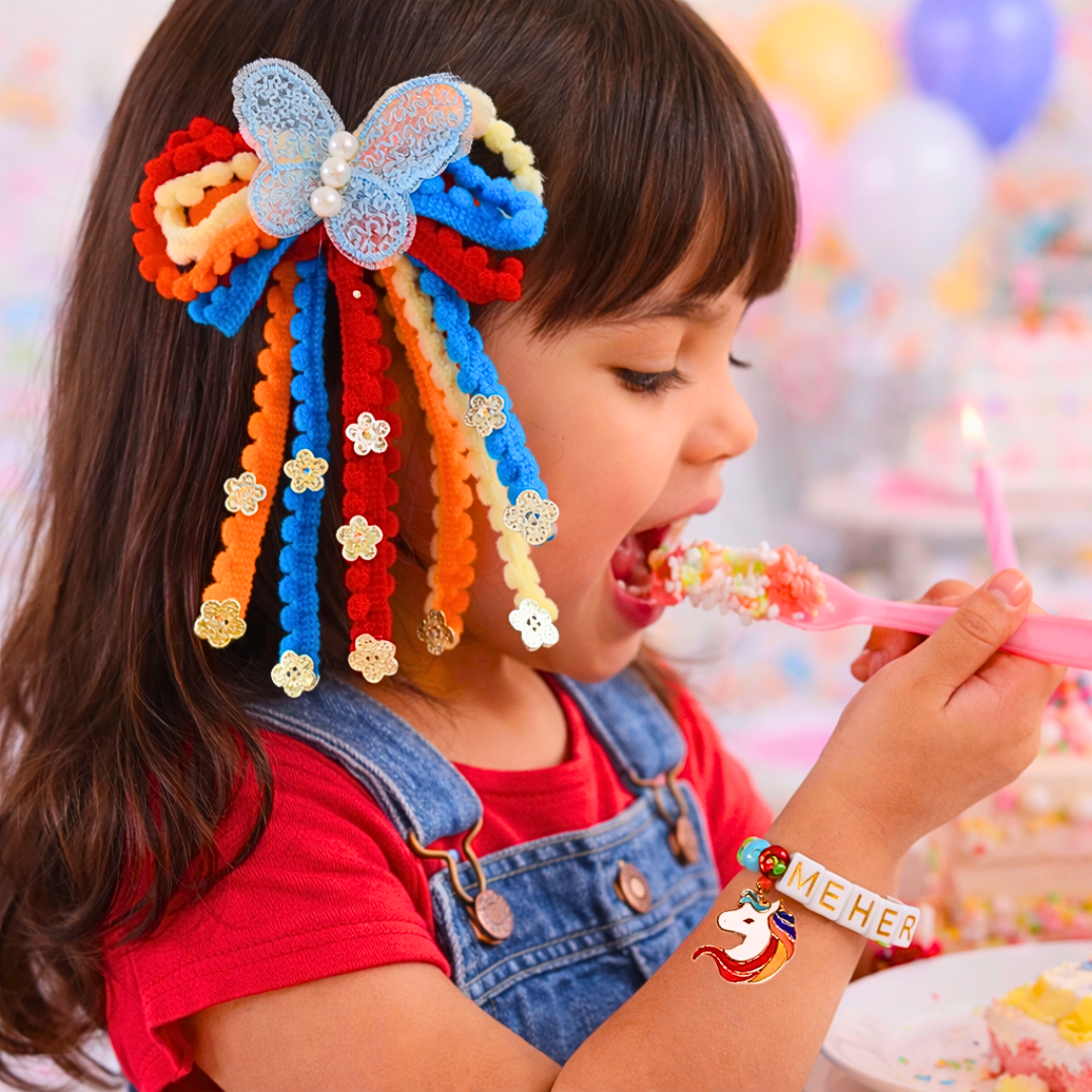 Pom Pom Lace Butterfly Hair Clip & Personalized Unicorn Face Bracelet Set