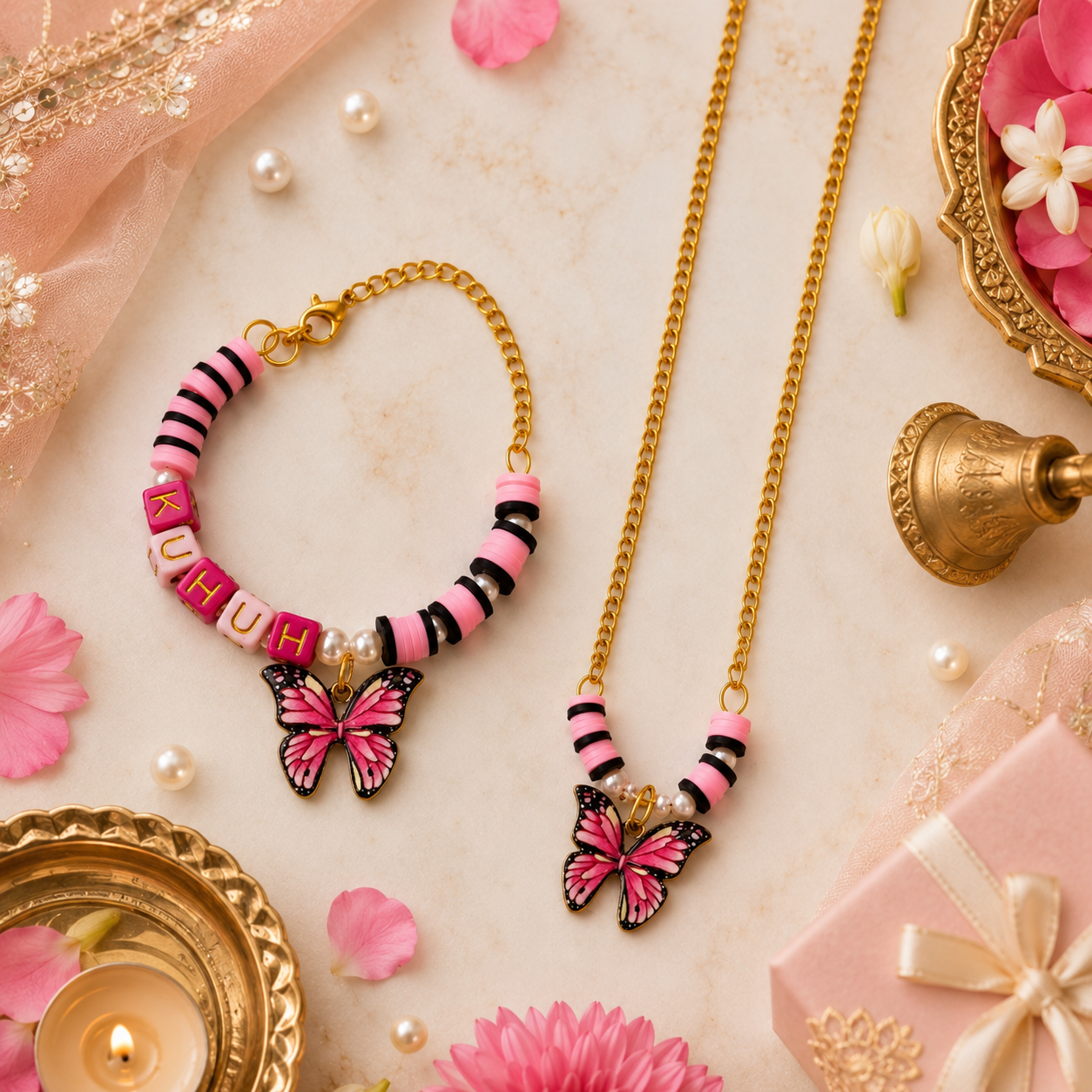 Personalized Pink & Black Butterfly Necklace & Adjustable Name Bracelet Set