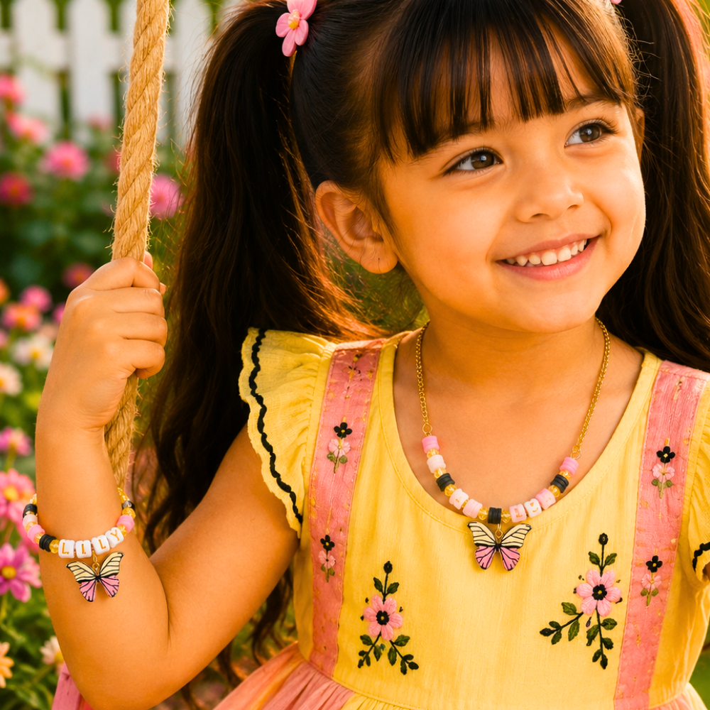 Butterfly Charm Necklace & Bracelet Set - Pink & Yellow