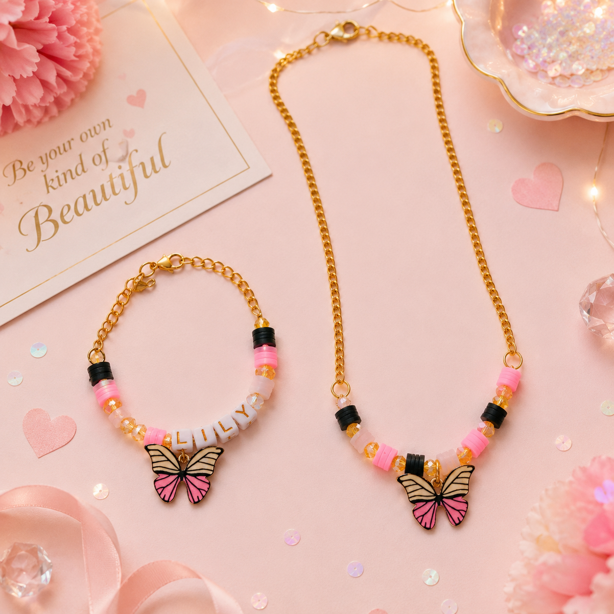 Butterfly Charm Necklace & Bracelet Set - Pink & Yellow
