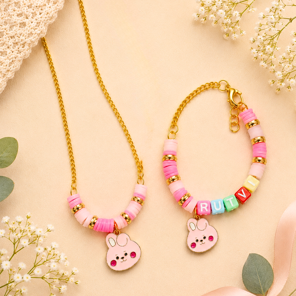Personalized Bunny Necklace & Adjustable Name Bracelet Set