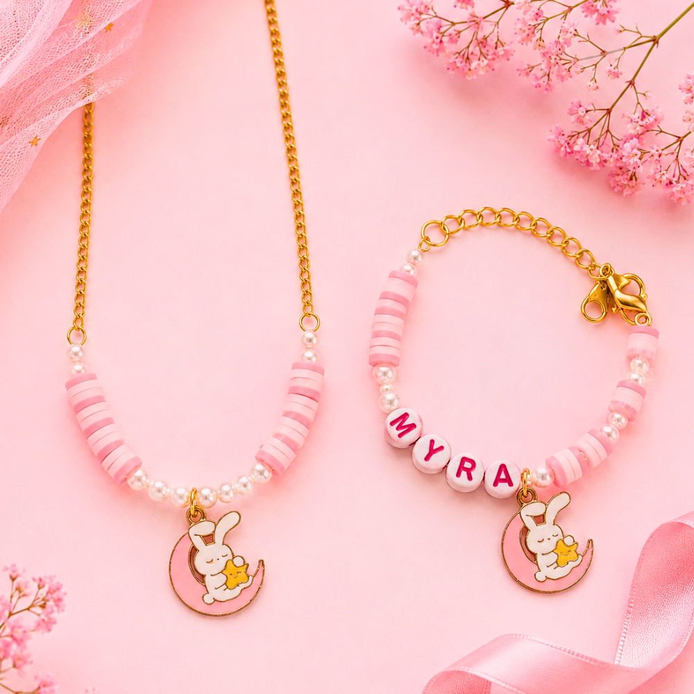 Personalized Bunny Moon Necklace & Adjustable Name Bracelet Set - Pink