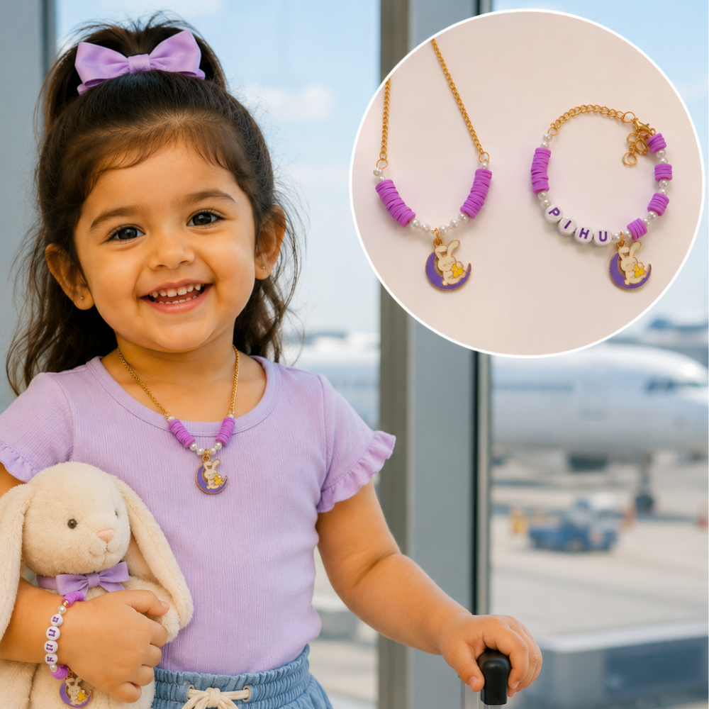 Personalized Bunny Moon Necklace & Adjustable Name Bracelet Set - Purple