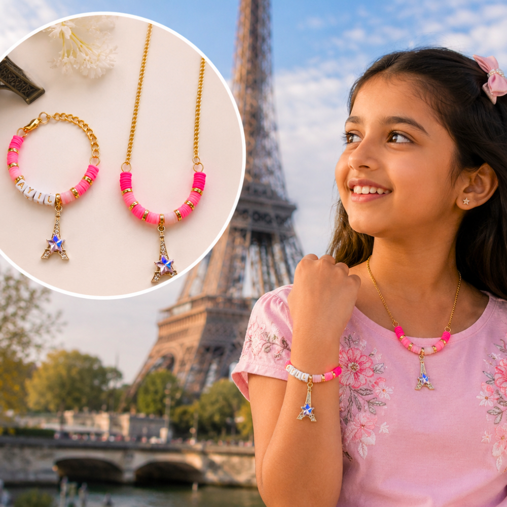 Personalized Eiffel Tower Necklace & Adjustable Name Bracelet Set - Pink