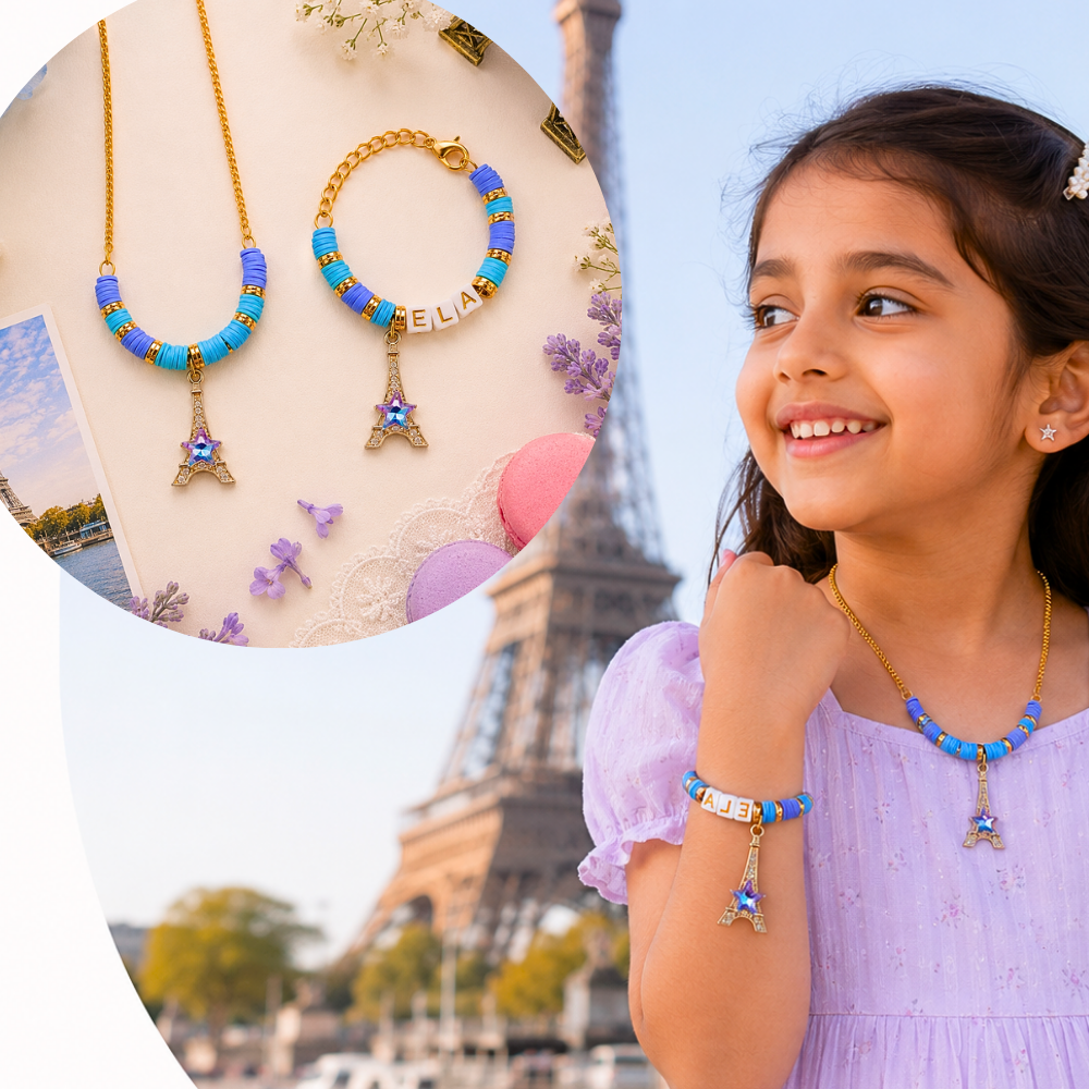 Personalized Blue Eiffel Tower Necklace & Adjustable Name Bracelet Set