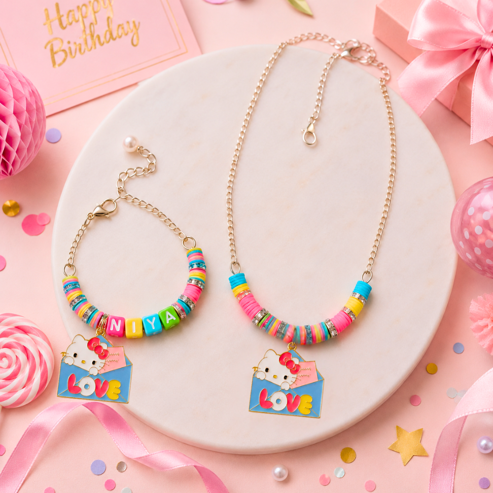 Personalized Character Necklace & Name Bracelet Set - Pink & Blue