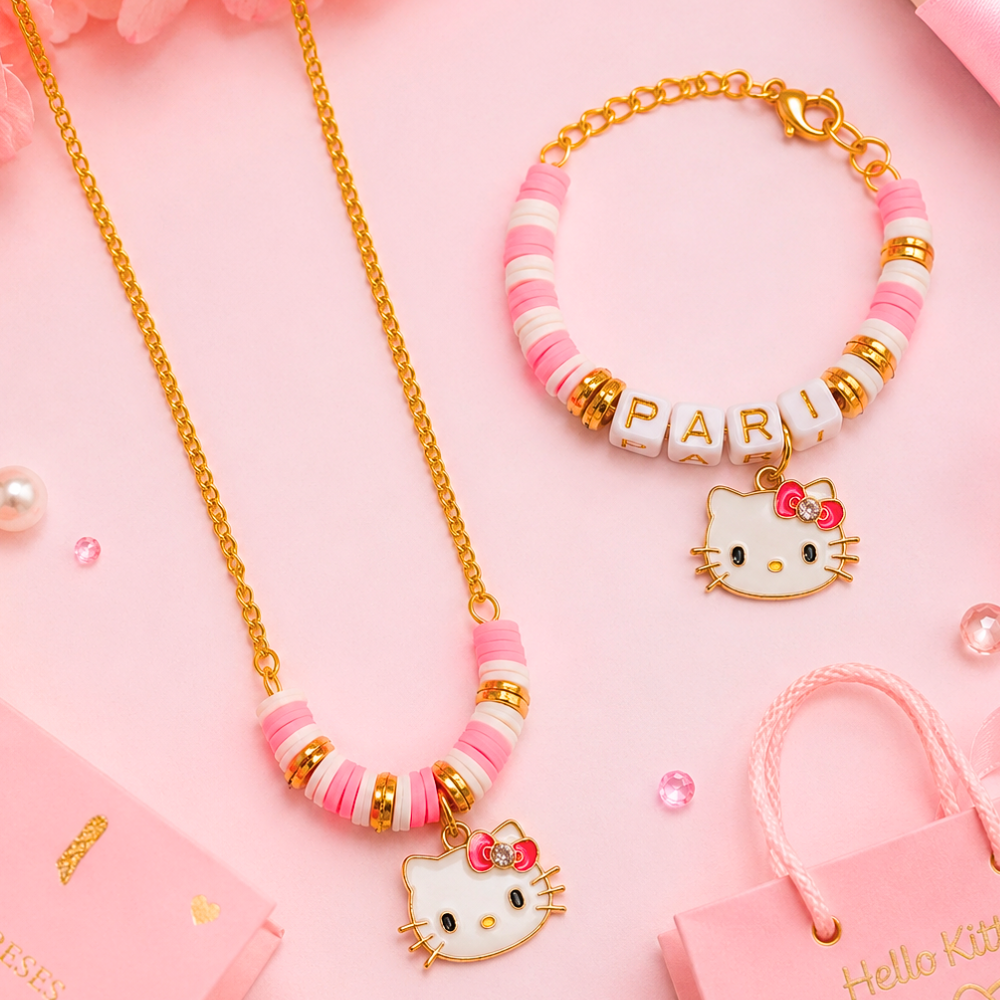 Personalized Kitty Necklace & Adjustable Name Bracelet Set - Pink & White