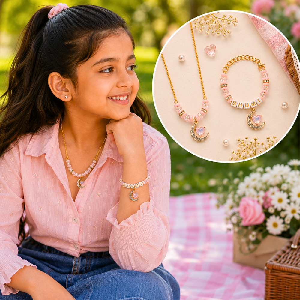 Personalized Heart & Crescent Necklace & Adjustable Name Bracelet Set
