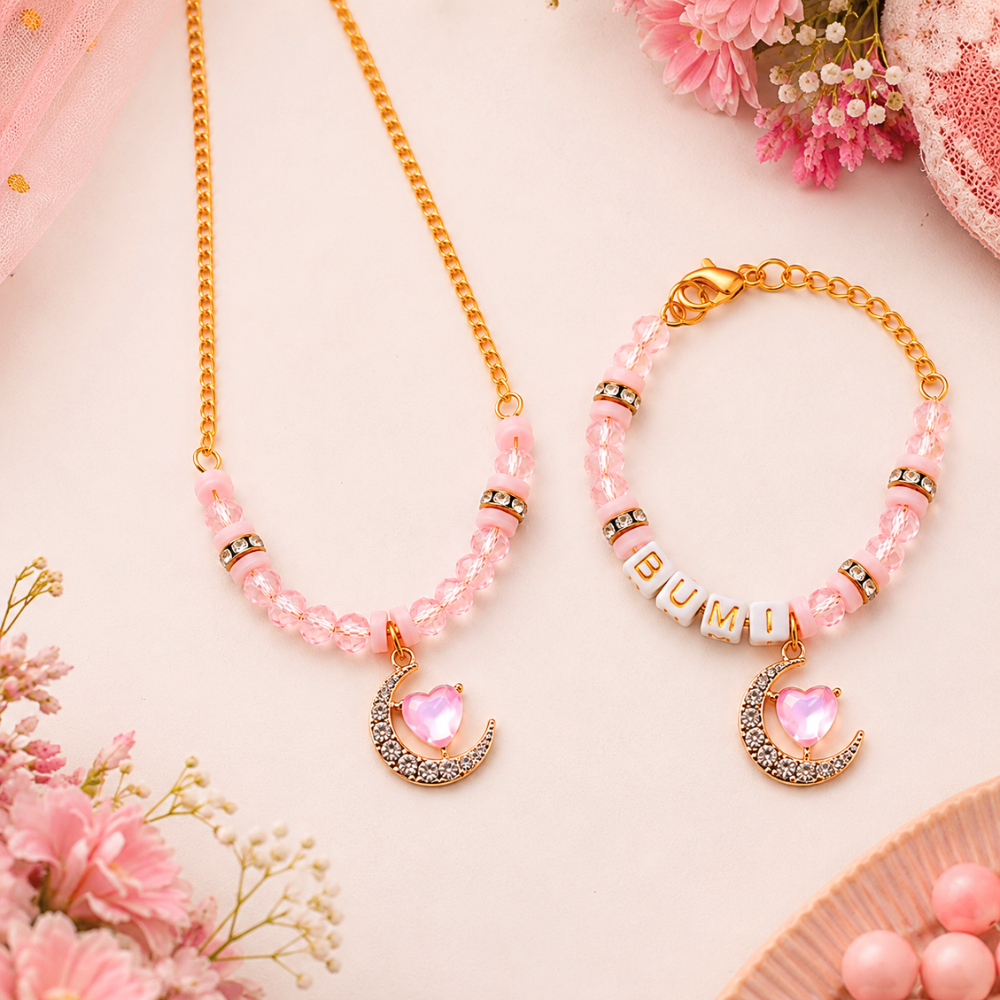 Personalized Heart & Crescent Necklace & Adjustable Name Bracelet Set