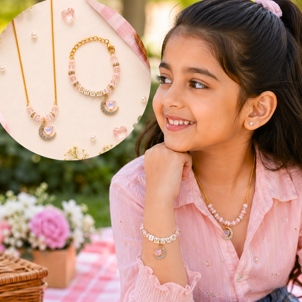 Personalized Heart & Crescent Necklace & Adjustable Name Bracelet Set