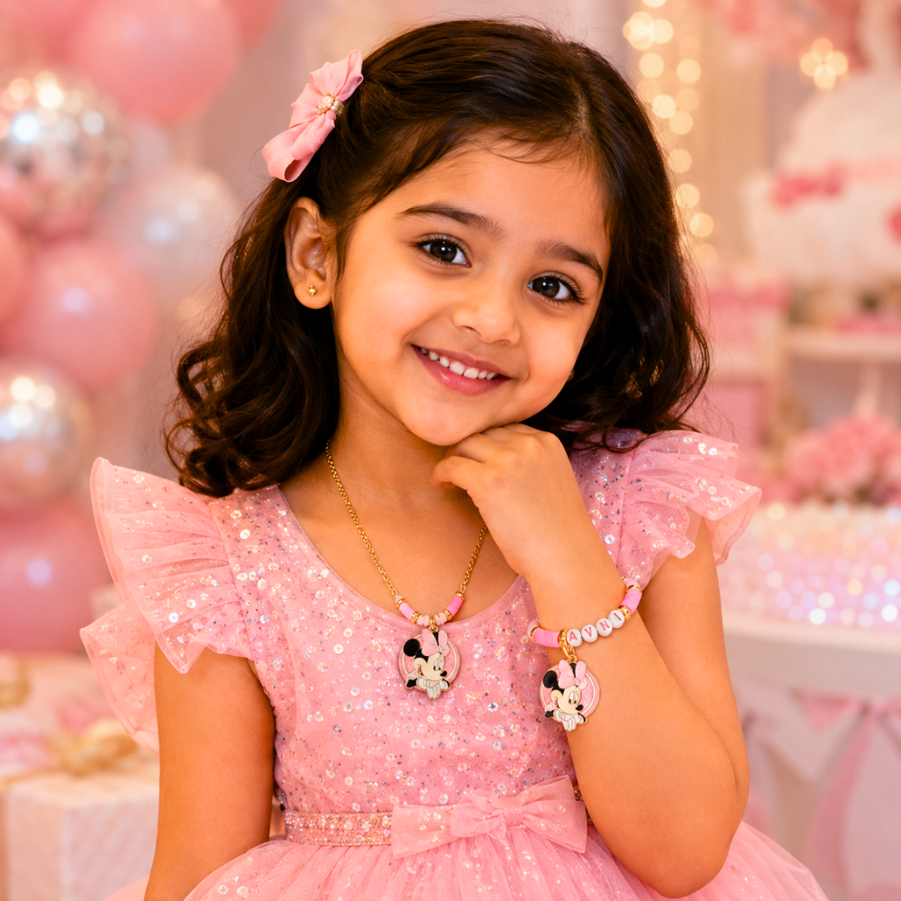 Pink & Black Personalized Cartoon Pendant & Bracelet Set for Girls