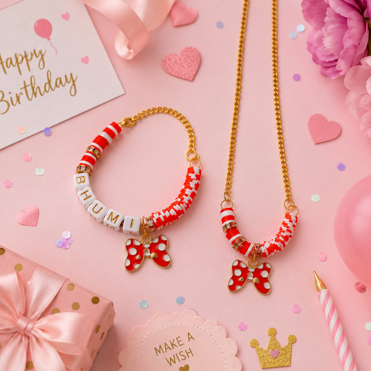 Personalized Bow Charm Necklace & Adjustable Name Bracelet Set - Red