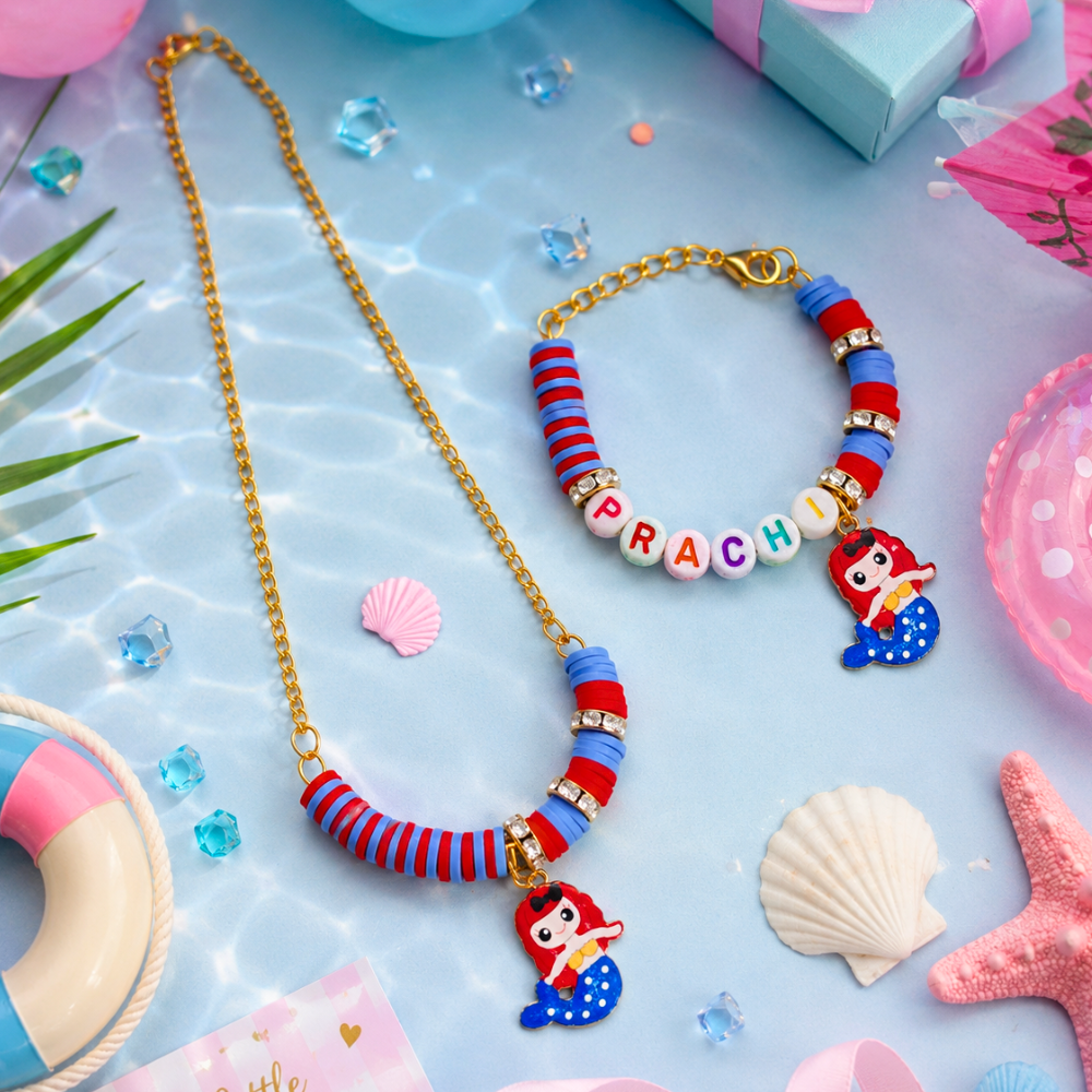 Personalized Mermaid Necklace & Adjustable Name Bracelet Set - Blue & red