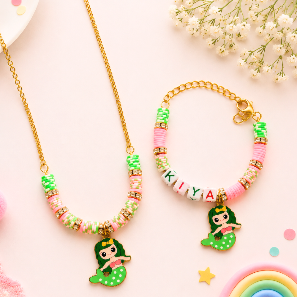 Personalized Mermaid Necklace & Adjustable Name Bracelet Set - Green