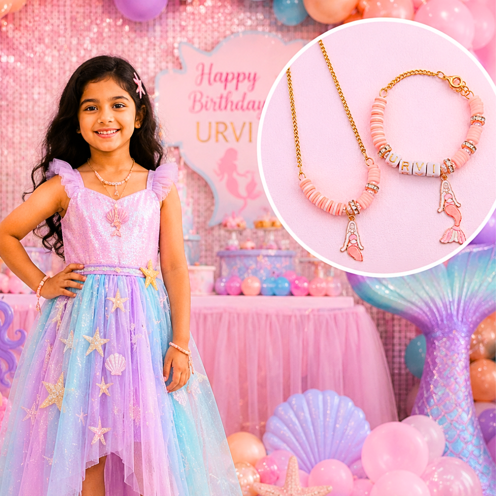 Personalized Peach Mermaid Necklace & Adjustable Name Bracelet Set