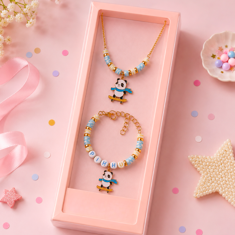Personalized Panda Skater Necklace & Adjustable Name Bracelet Set