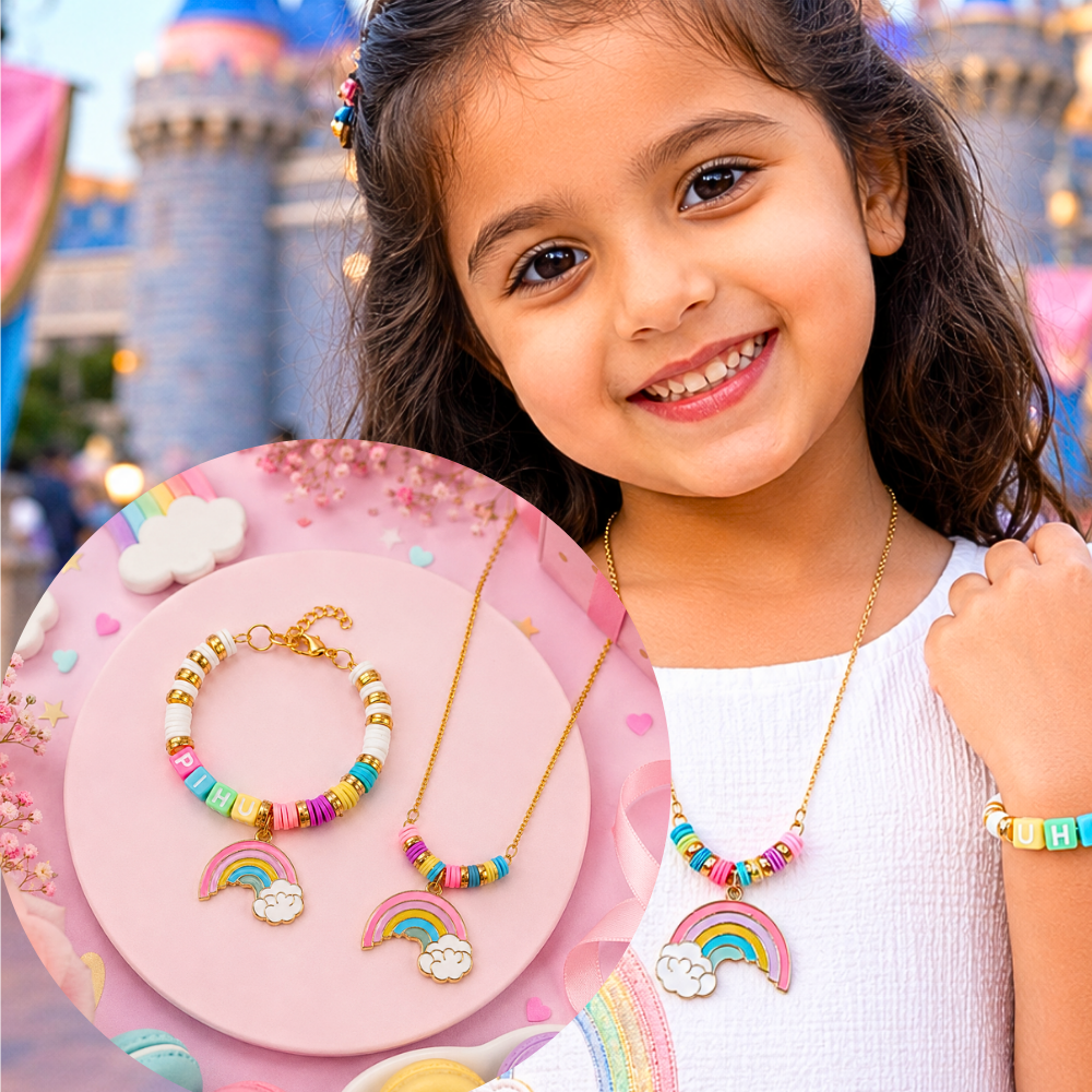 Personalised Rainbow & Cloud Charm Bracelet with Pendant Set