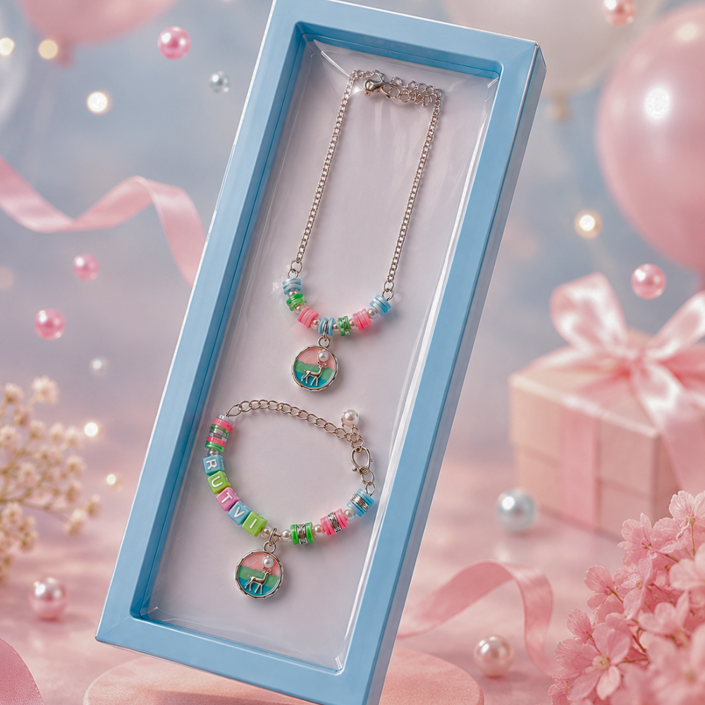 Personalized Reindeer Charm Necklace & Adjustable Name Bracelet Set
