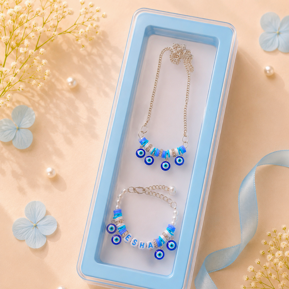 Personalized Small Evil Eye Necklace & Adjustable Name Bracelet Set