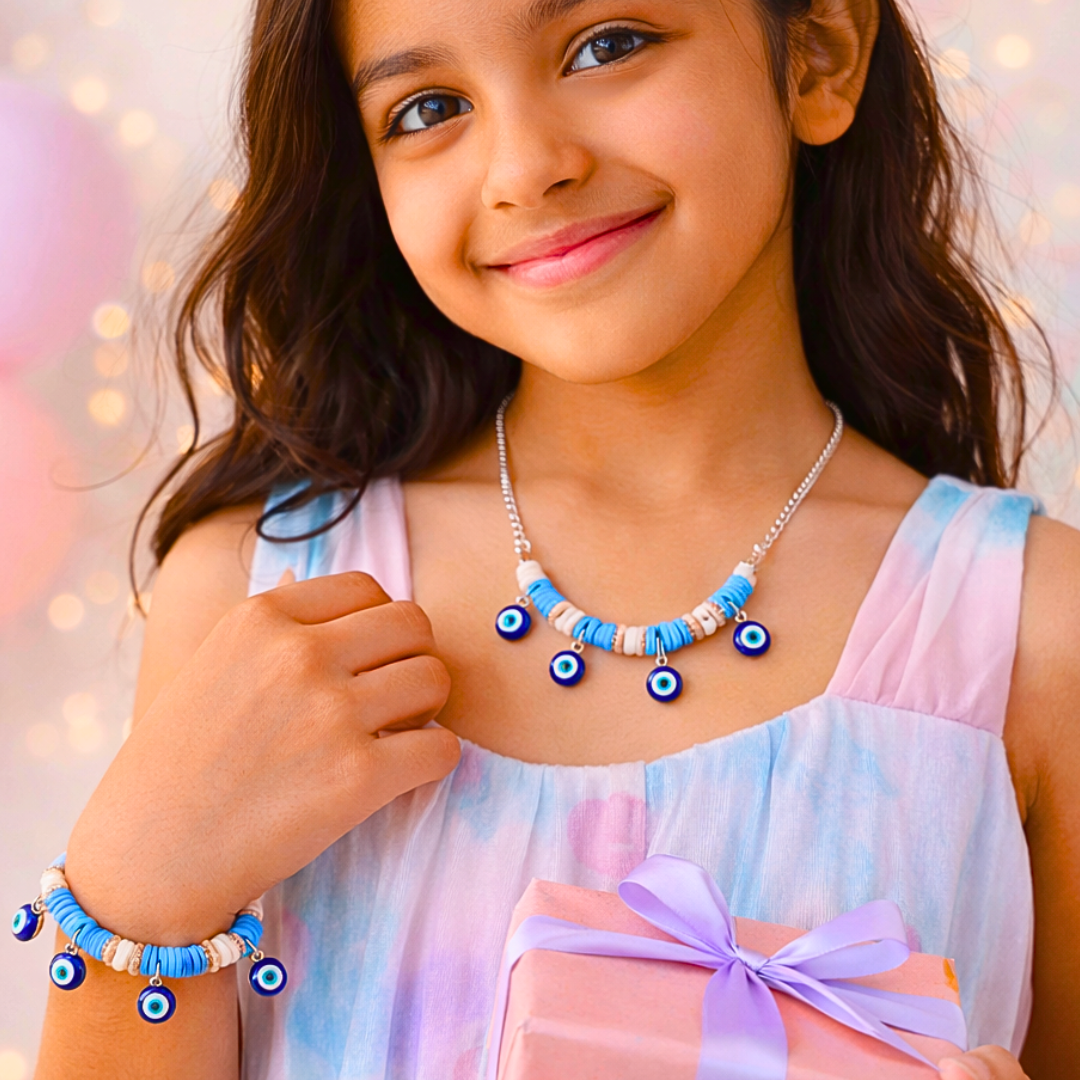 Personalized Name Evil Eye Charm Bracelet & Pendant Set for Girls