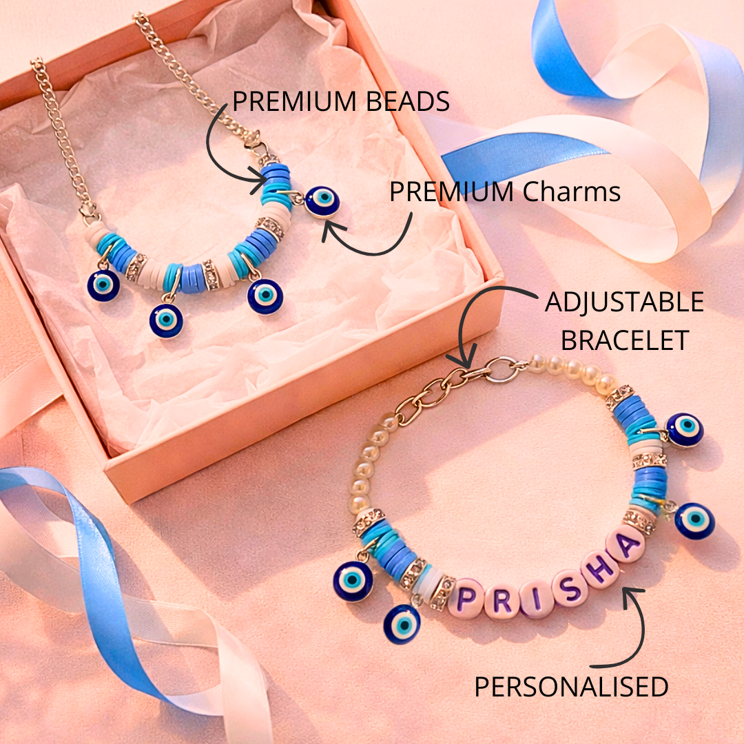 Personalized Small Evil Eye Necklace & Adjustable Name Bracelet Set
