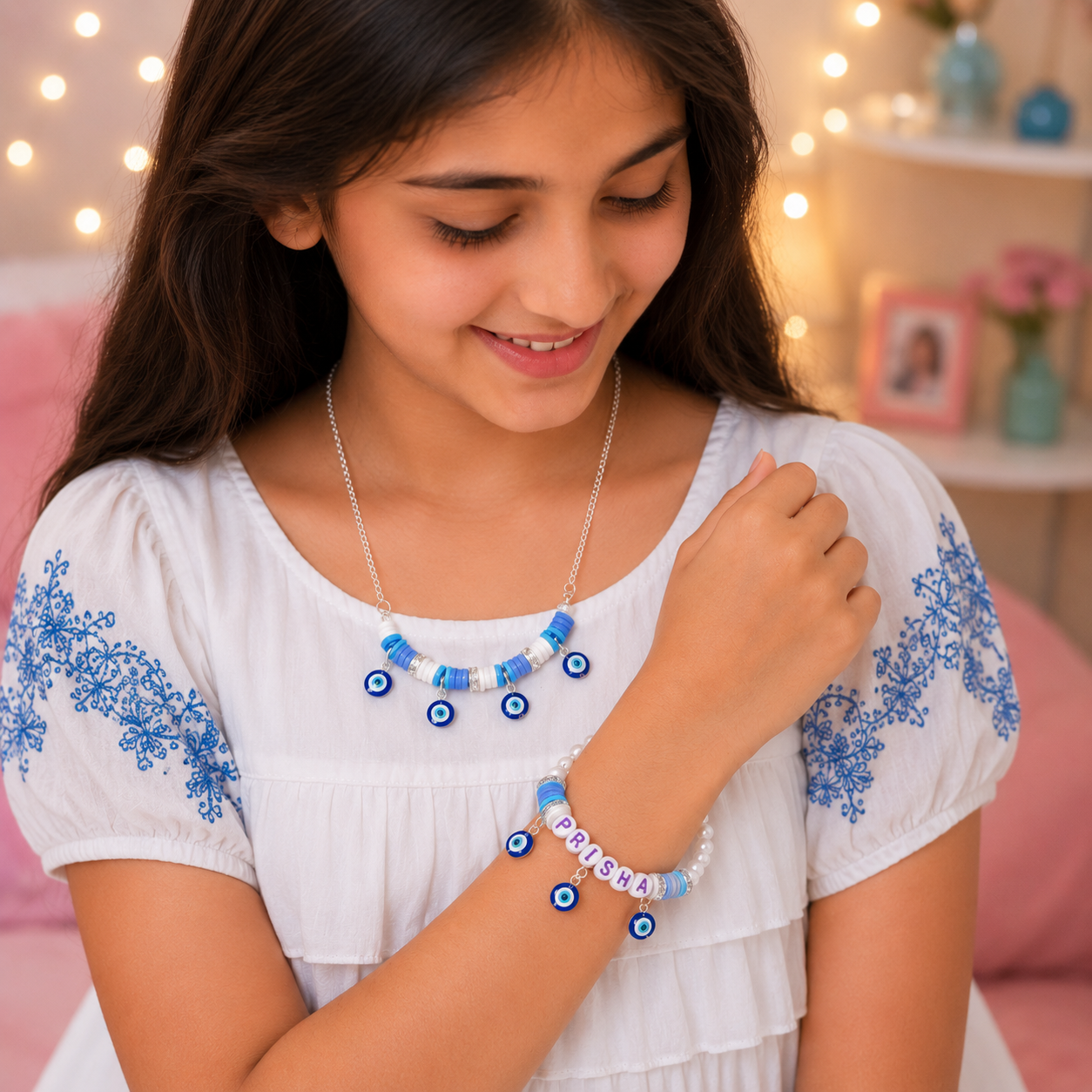 Personalized Small Evil Eye Necklace & Adjustable Name Bracelet Set