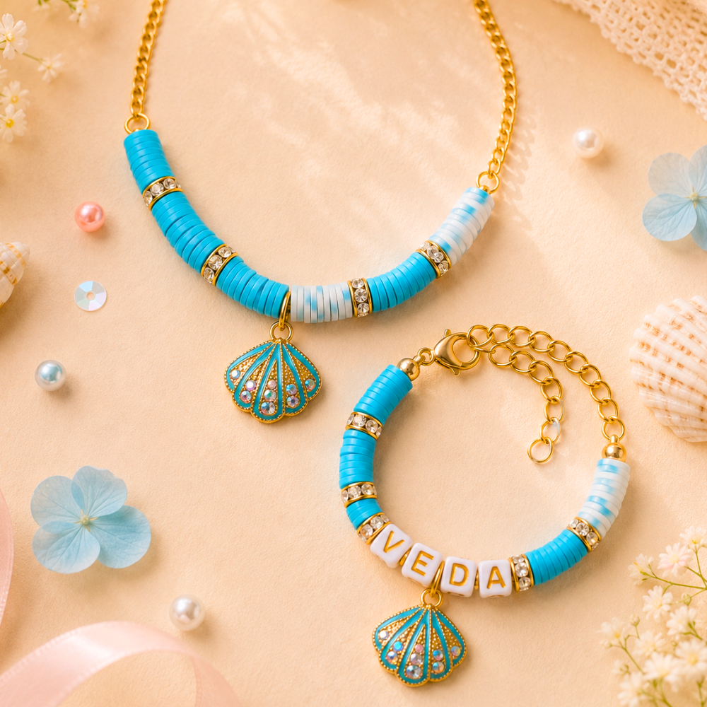 Personalized Seashell Necklace & Adjustable Name Bracelet Set - Blue