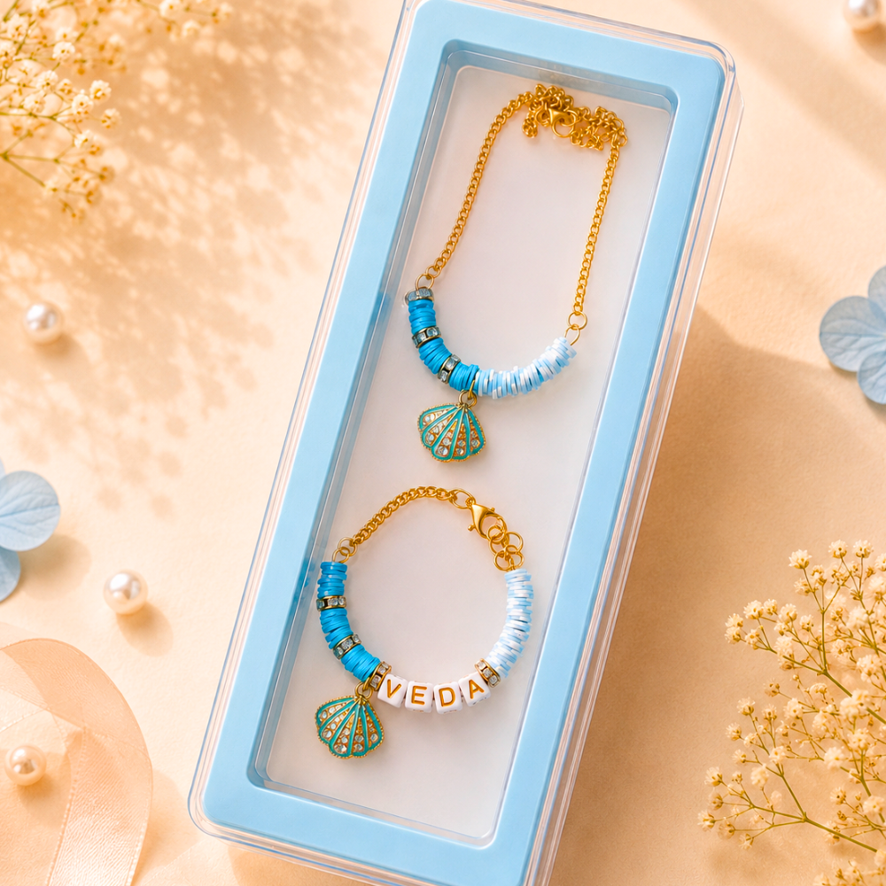 Personalized Seashell Necklace & Adjustable Name Bracelet Set - Blue