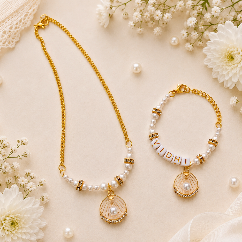 Personalized Pearl Seashell Necklace & Adjustable Name Bracelet Set