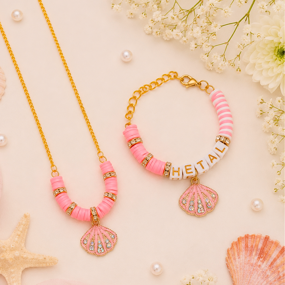 Personalized Seashell Necklace & Adjustable Name Bracelet Set - Pink