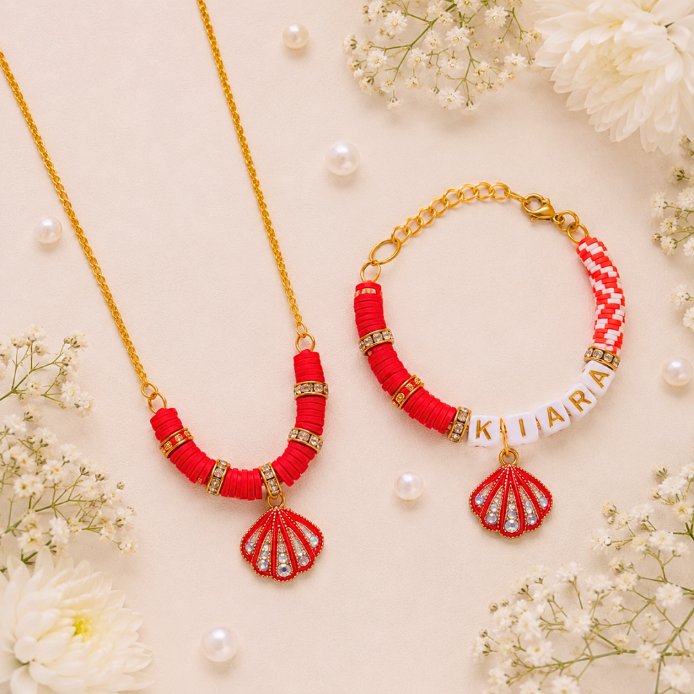 Personalized Seashell Necklace & Adjustable Name Bracelet Set - Red