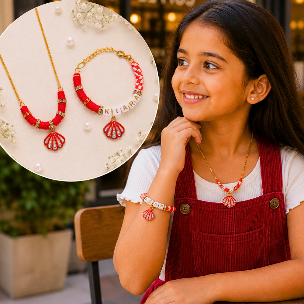 Personalized Seashell Necklace & Adjustable Name Bracelet Set - Red