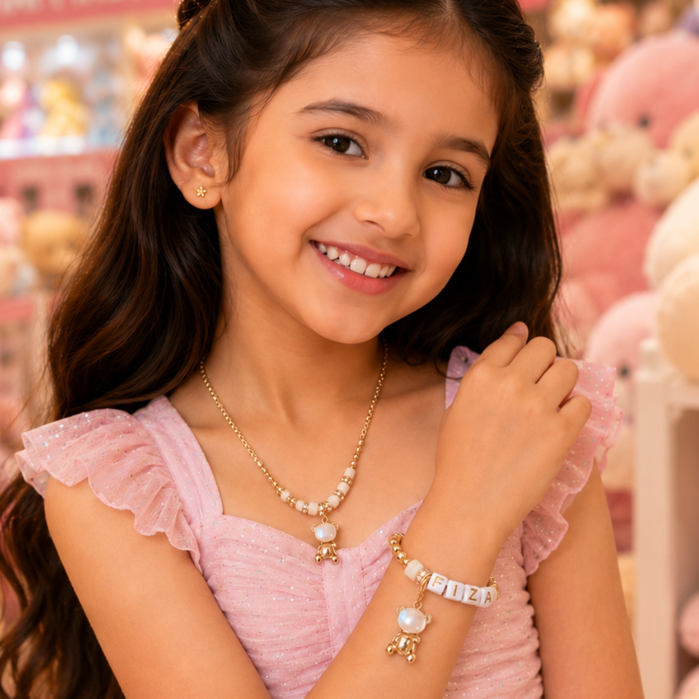 Personalised Name Teddy Bear Charm Bracelet & Pendant Set – Gold & Cream