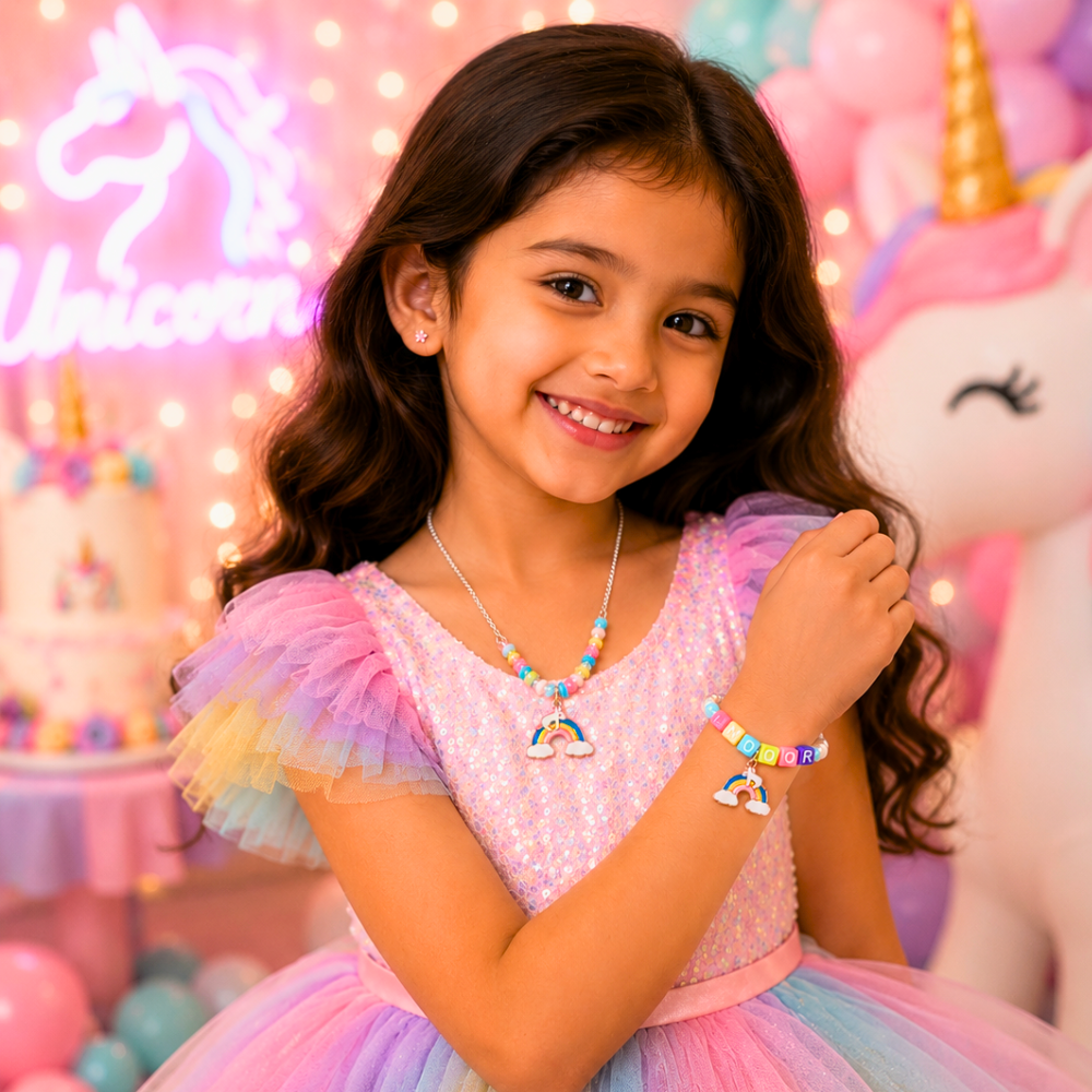 Personalized Unicorn & Rainbow Charm Pendant and Bracelet