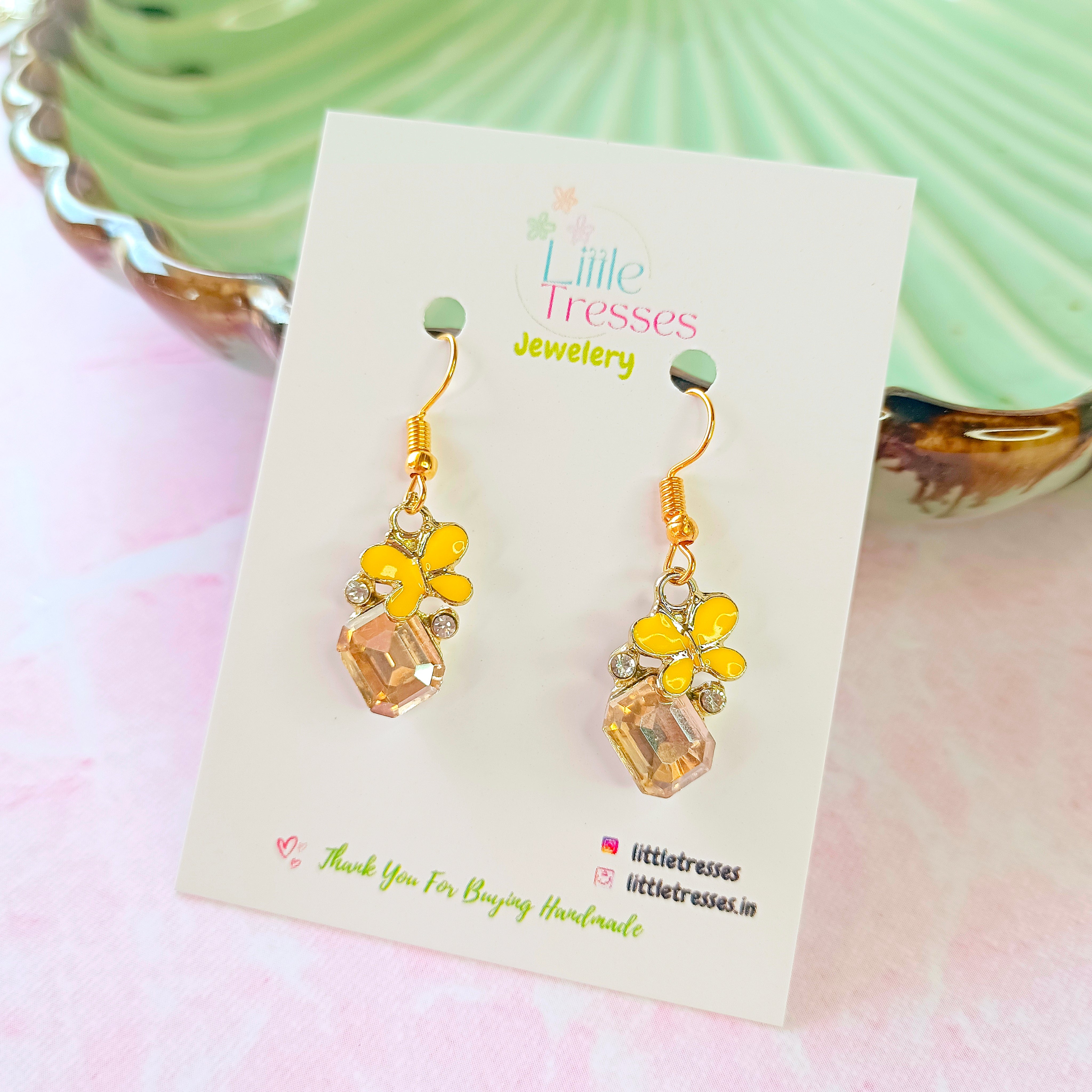 Little Butterfly & Rhinestone Earrings - Yellow