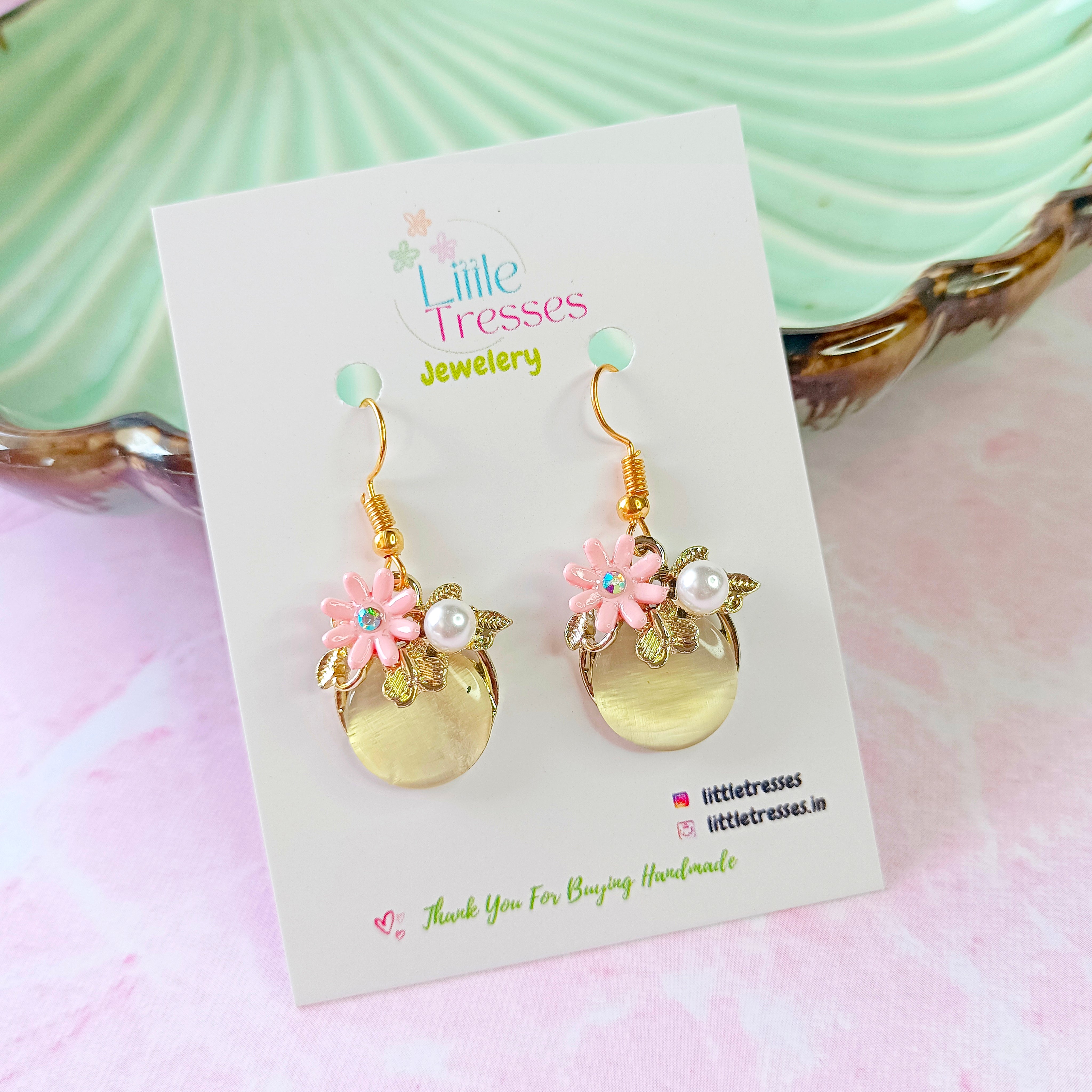 Oval Flower Earrings - Pink