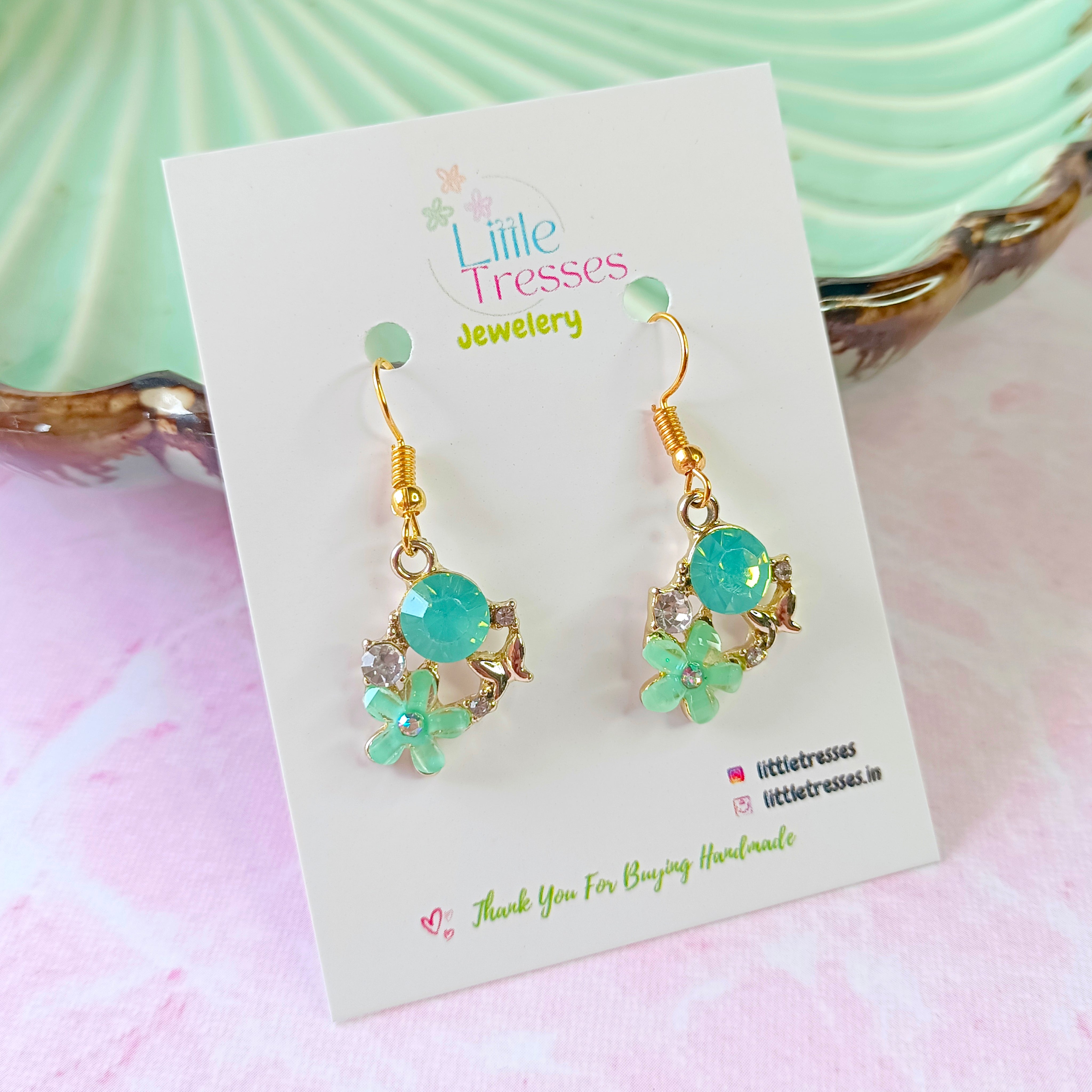 Designer Rhinestone & Flower Earrings - Green