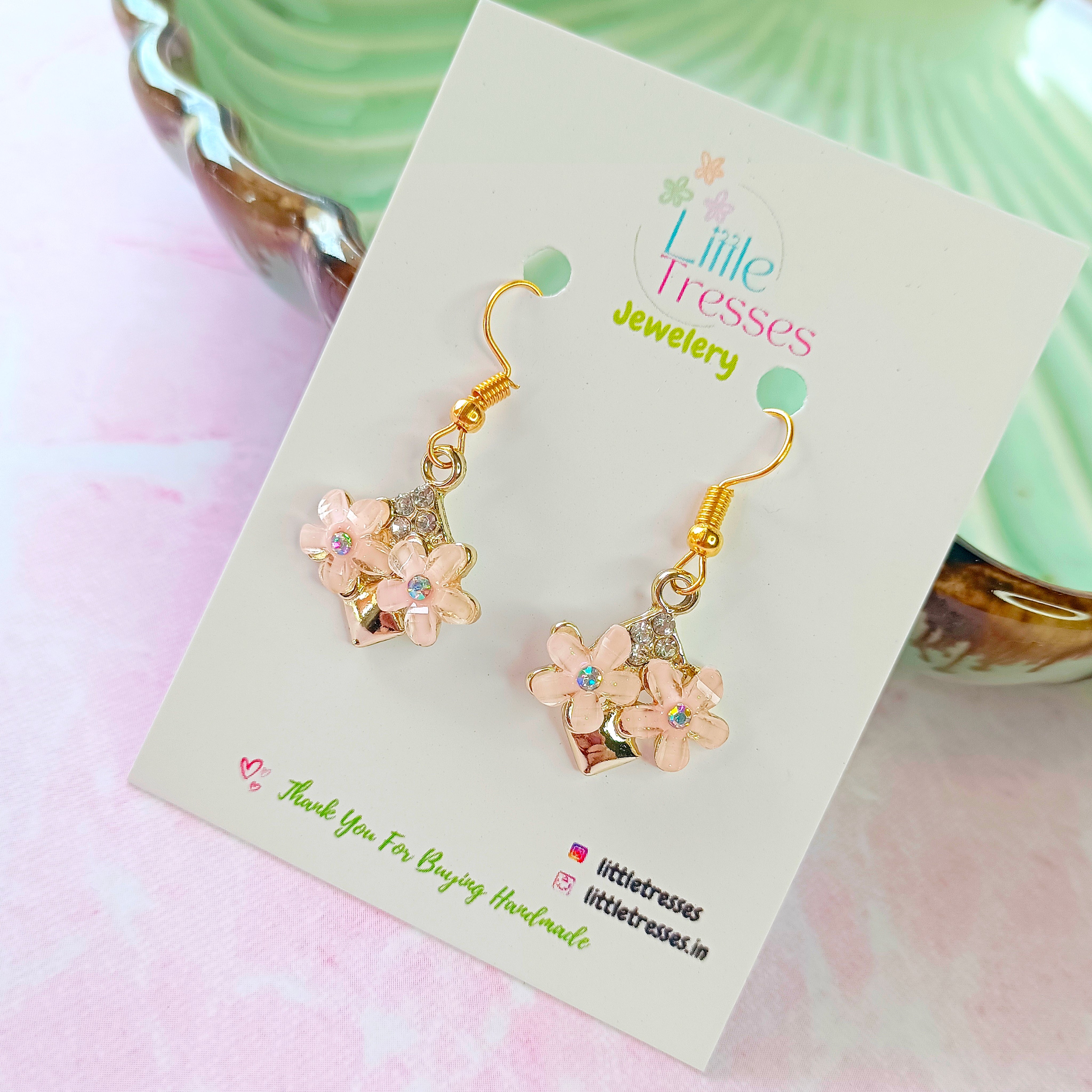 Designer Rhinestone & Flower Earrings - Peach