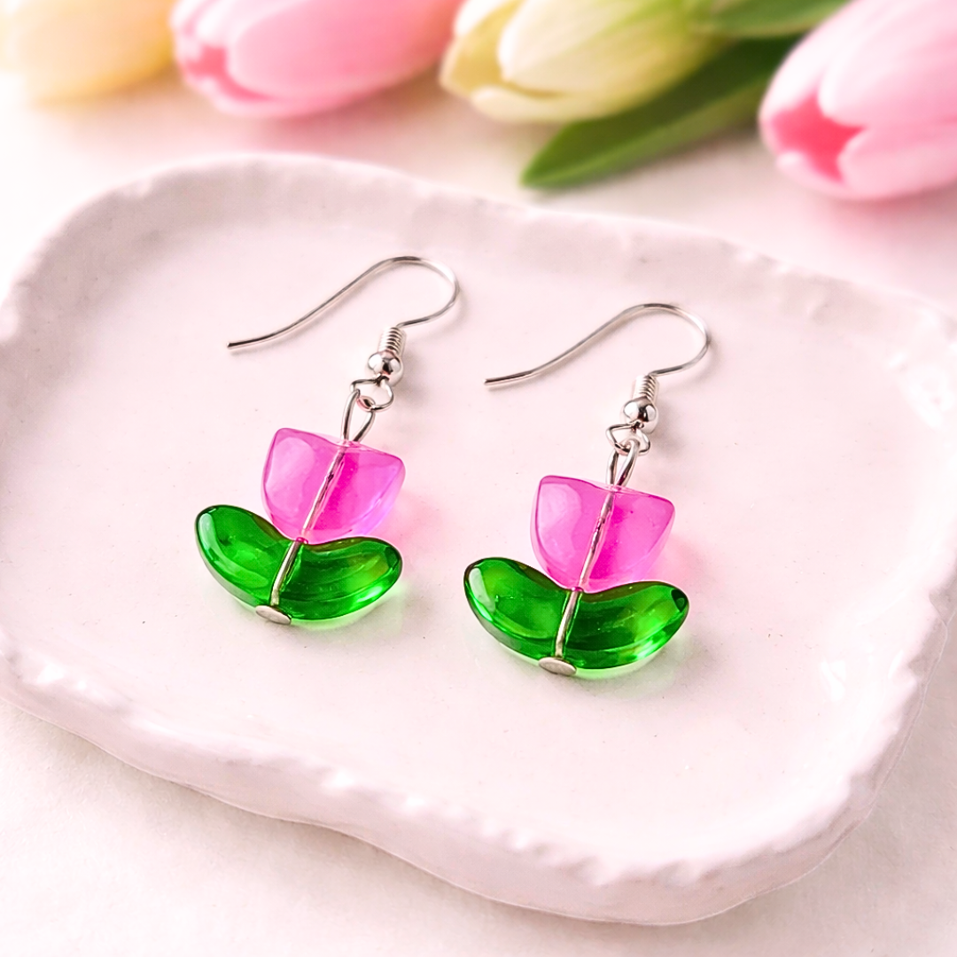 Pink Tulip Bracelet and Earrings Jewelry Gift Box