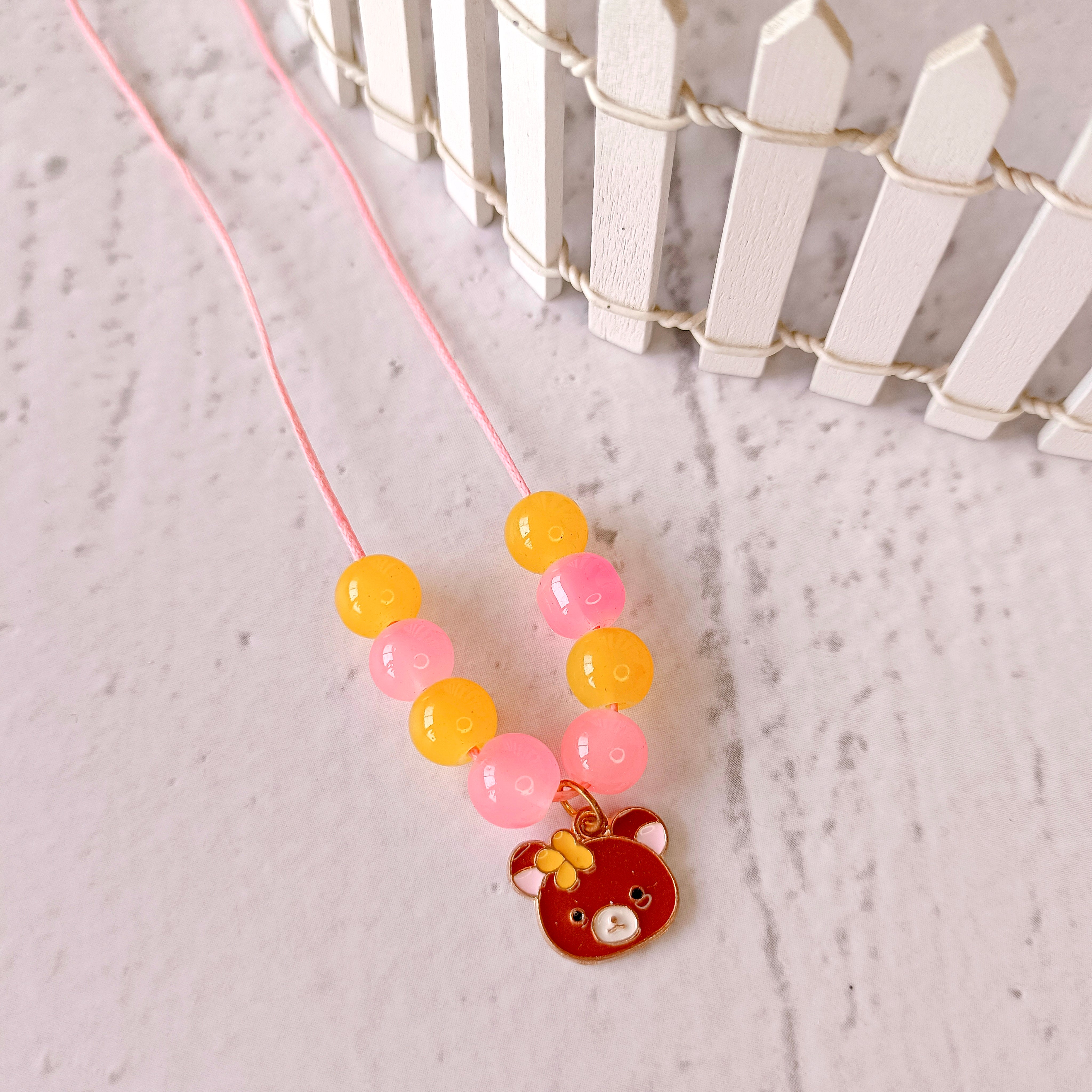 Little Bear with Bow Pendant - Pink & Brown