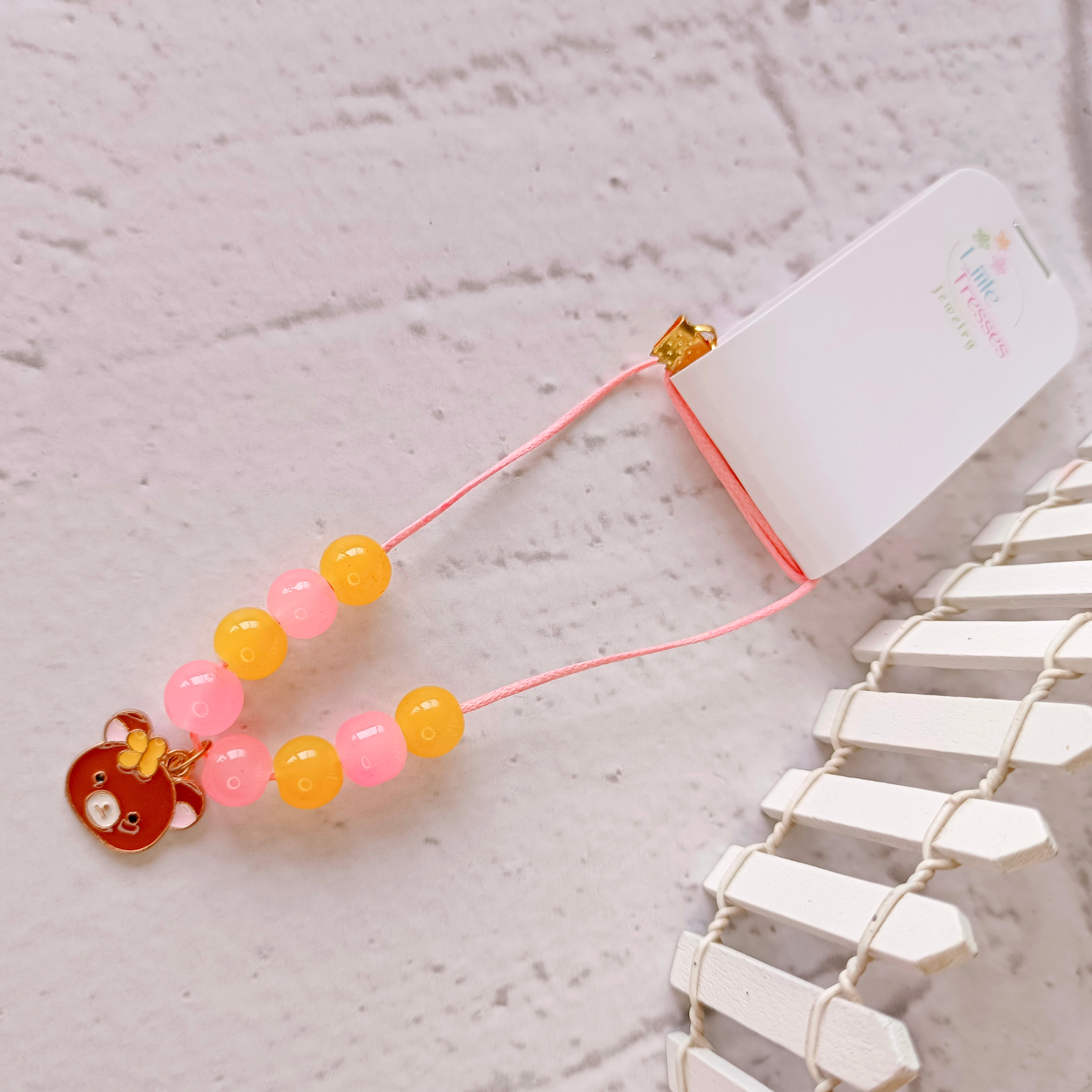Little Bear with Bow Pendant - Pink & Brown