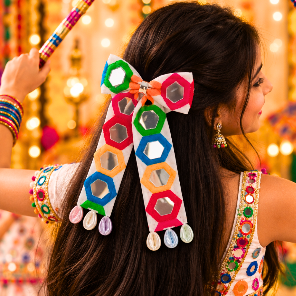Sheesha Navratri PiggyTail Bow Alligator Clip - White