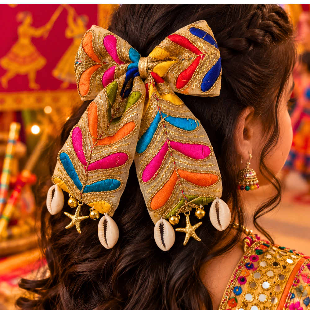 Golden Navratri PiggyTail Bow with Kaudi, Star & Ghunghroo Alligator Clip