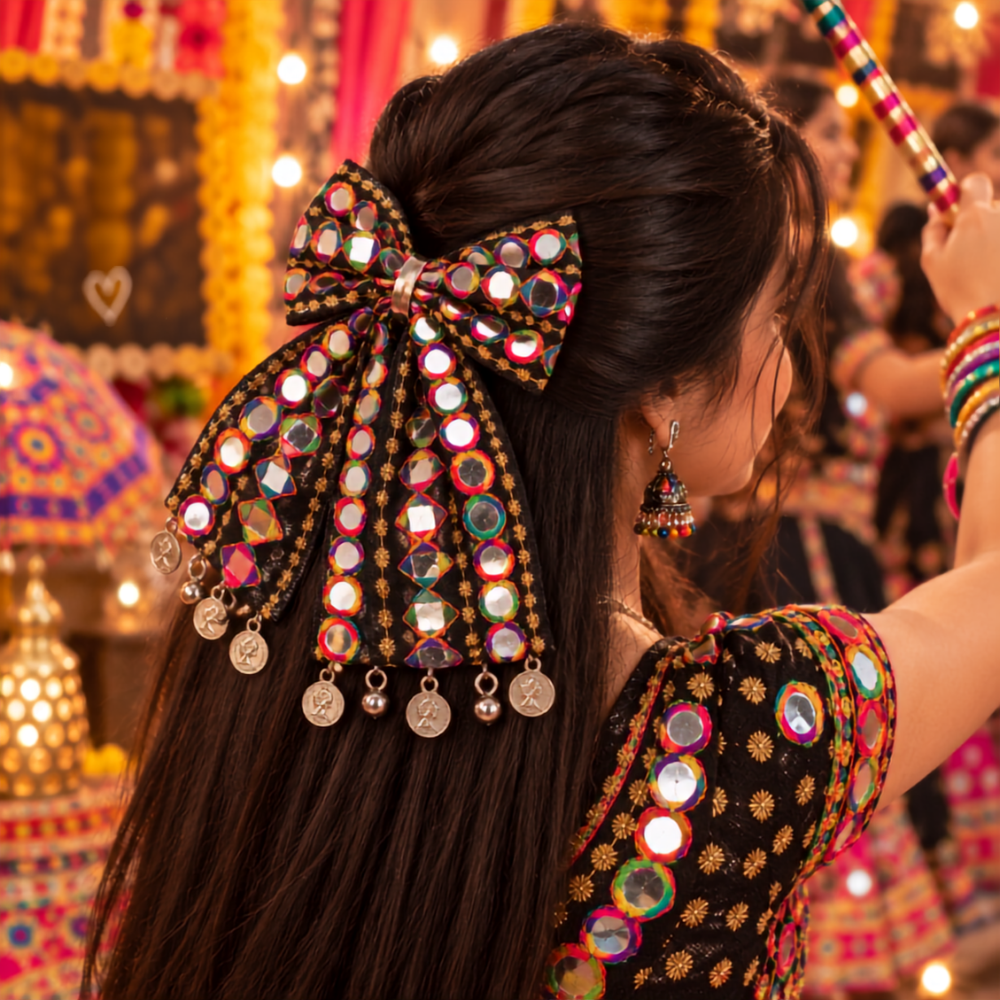 RaatRani Navratri PiggyTail Bow with Silver Coin Alligator Clip
