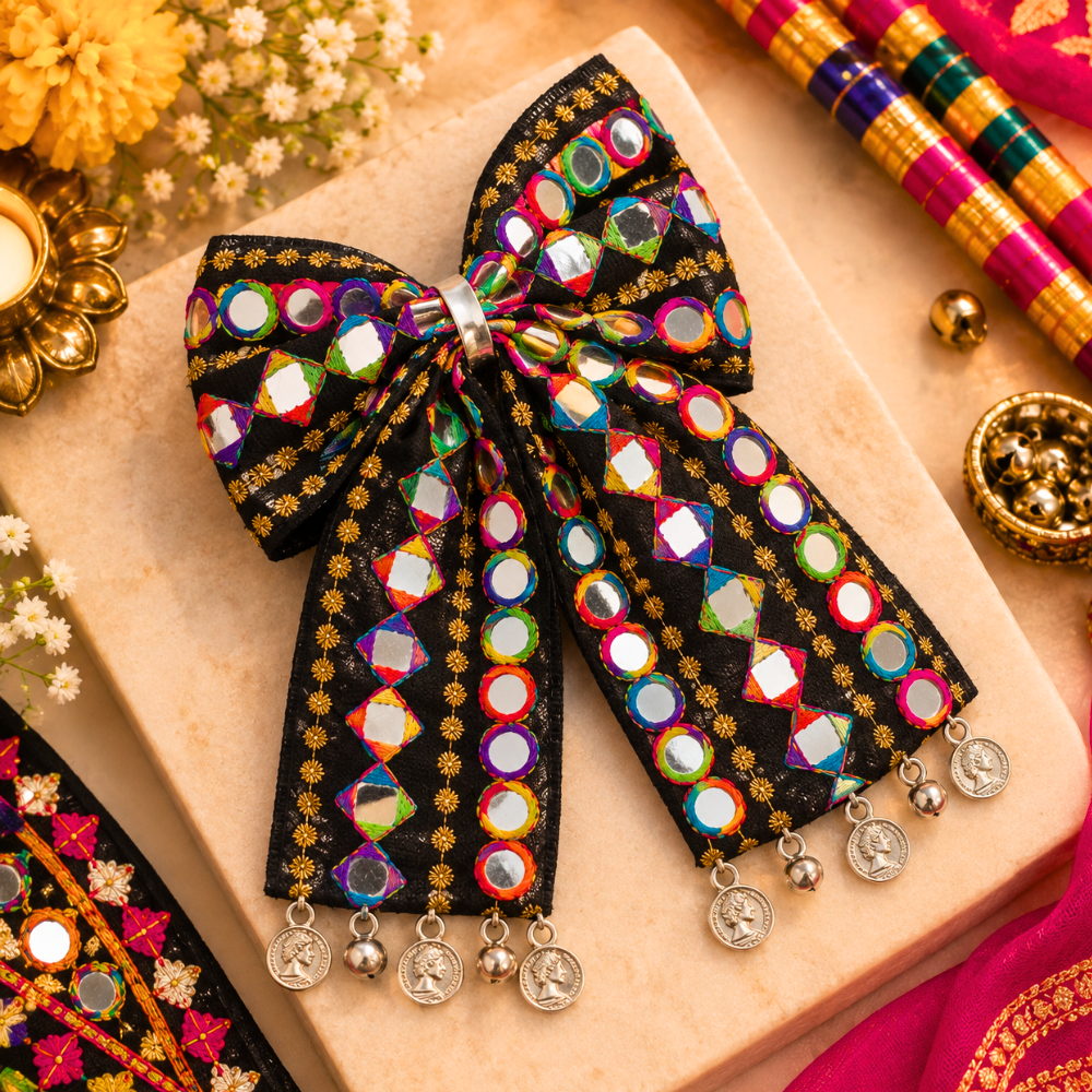 RaatRani Navratri PiggyTail Bow with Silver Coin Alligator Clip