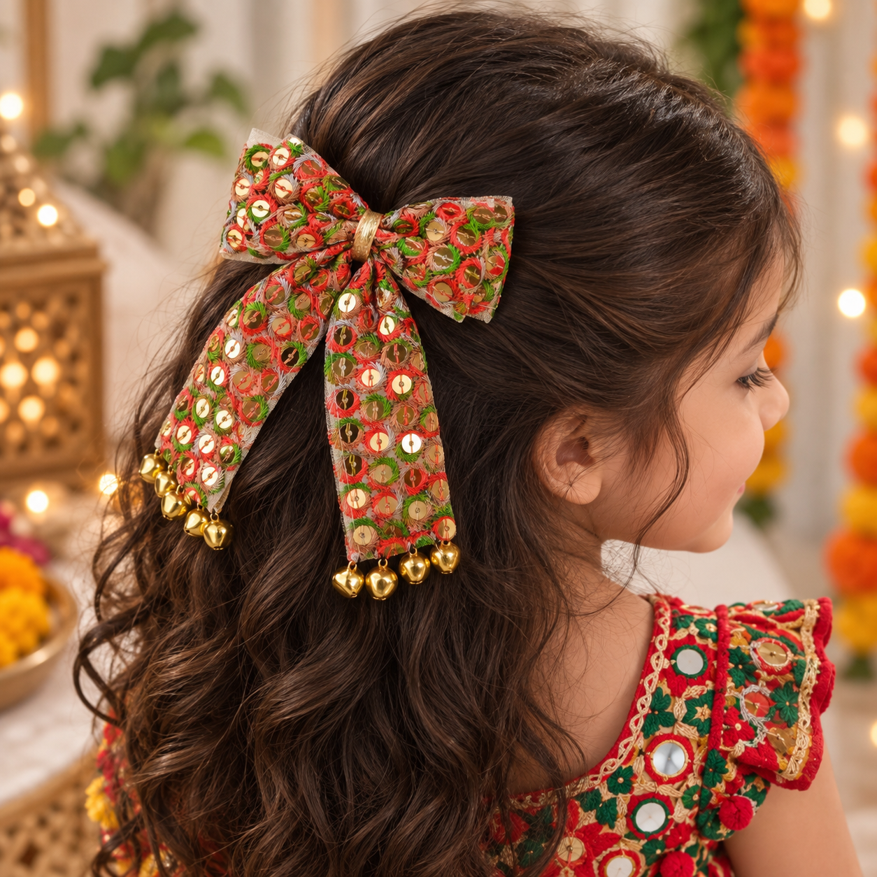 Sitaara Navratri PiggyTail Bow Alligator Clip - Orange & Green
