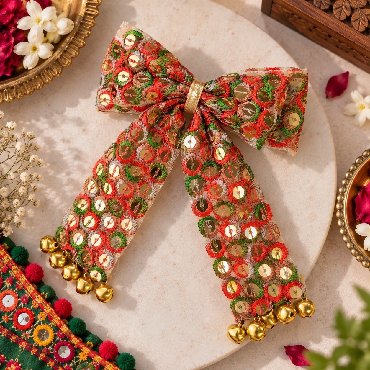 Sitaara Navratri PiggyTail Bow Alligator Clip - Orange & Green