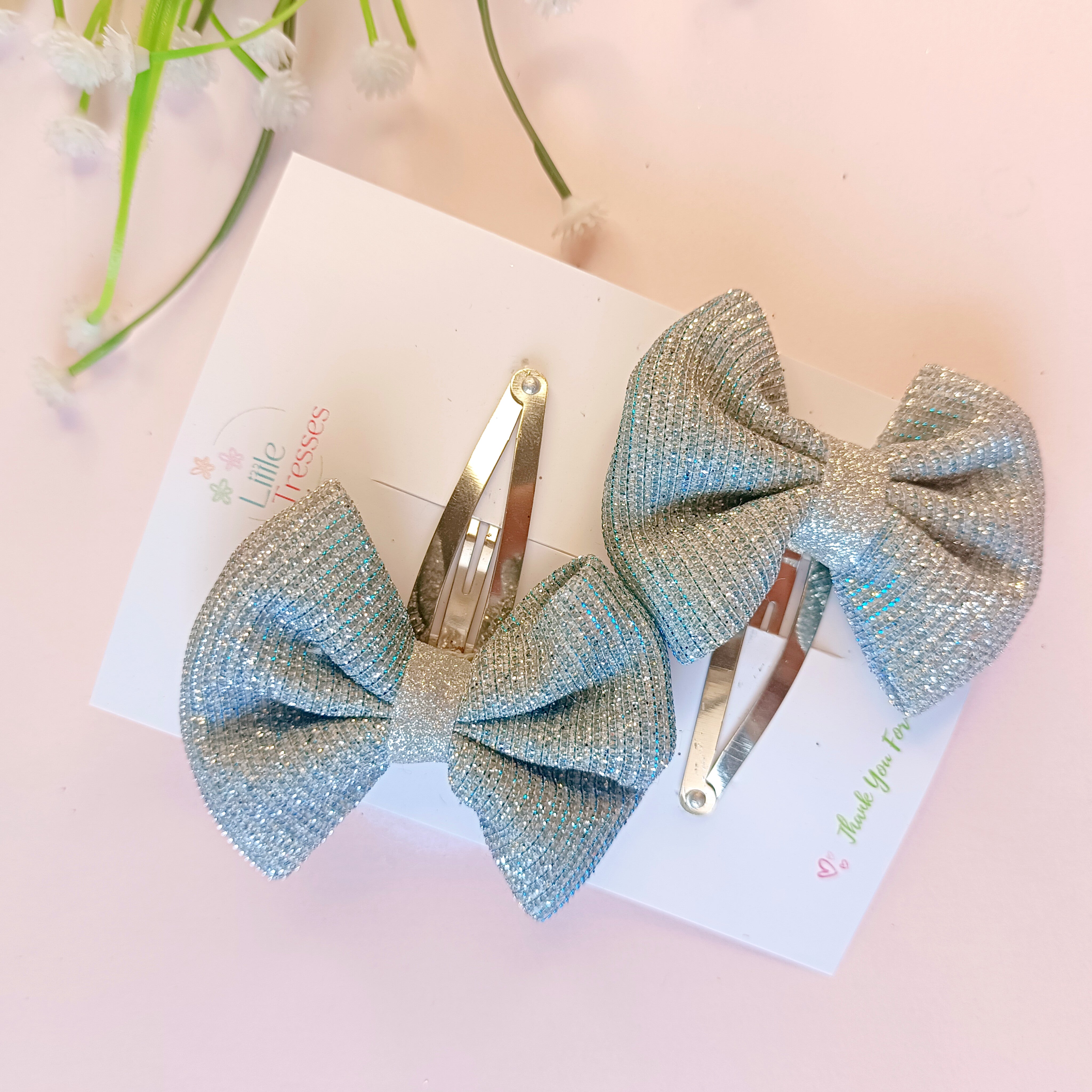 Shimmer Bow SnapOn Clips - Light Blue