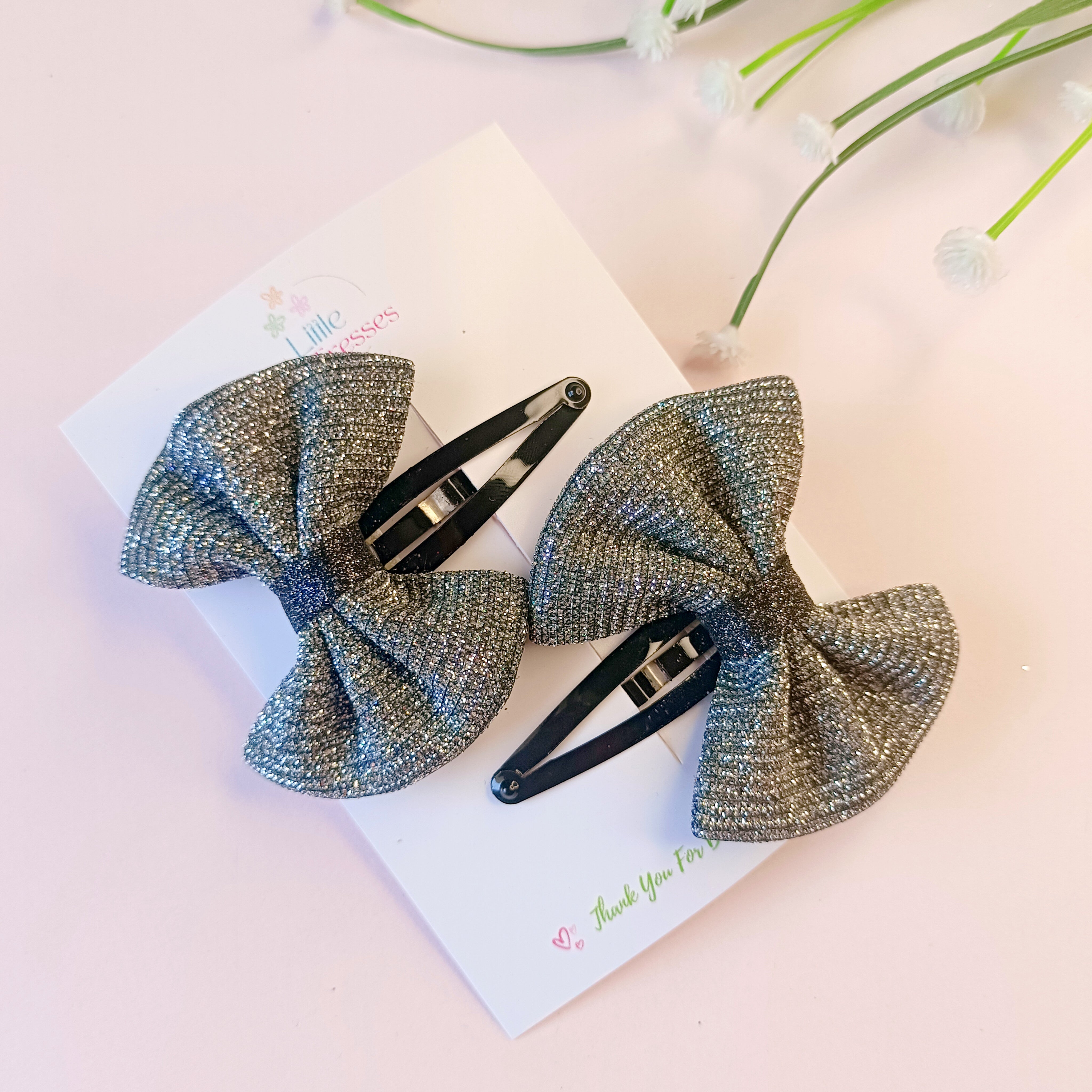 Shimmer Bow SnapOn Clips - Steel Grey / Black