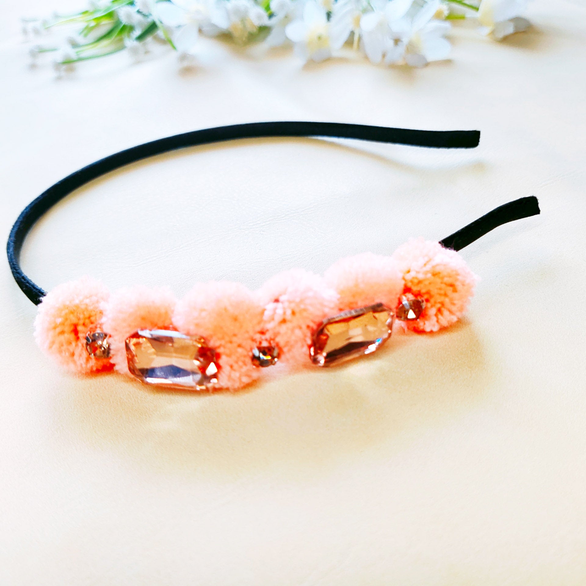 Rhinestones and Pompom Headband  - Peach